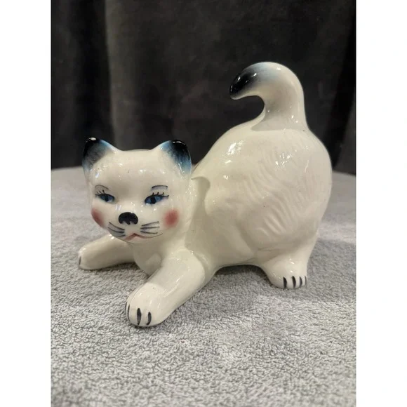 Vintage Ceramic Cat Kitty Stretching Collectible Mexico White Persian - Picture 1 of 11